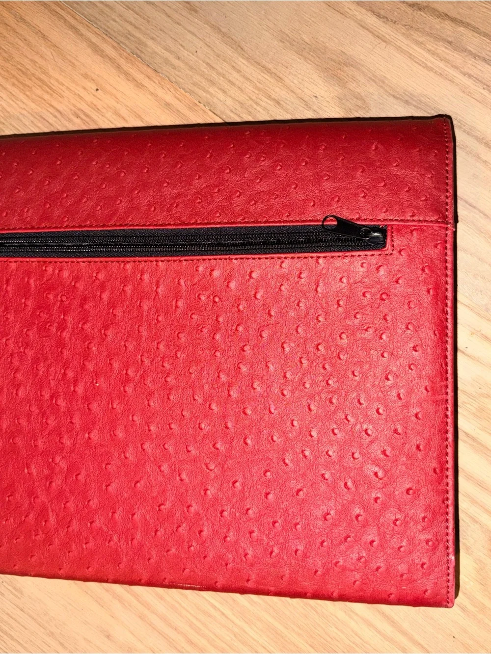 Red Faux Ostrich Textured File Folio with Silver Turn-Lock Closure